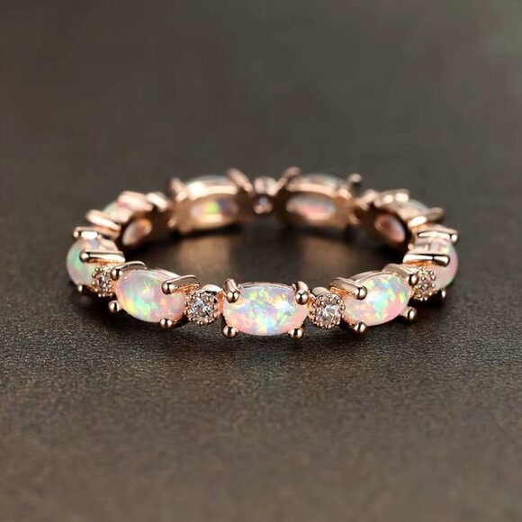 NEW 18k Rose Gold Opal Ring Band Dainty Eternity Ring Band - Picture 5 of 6